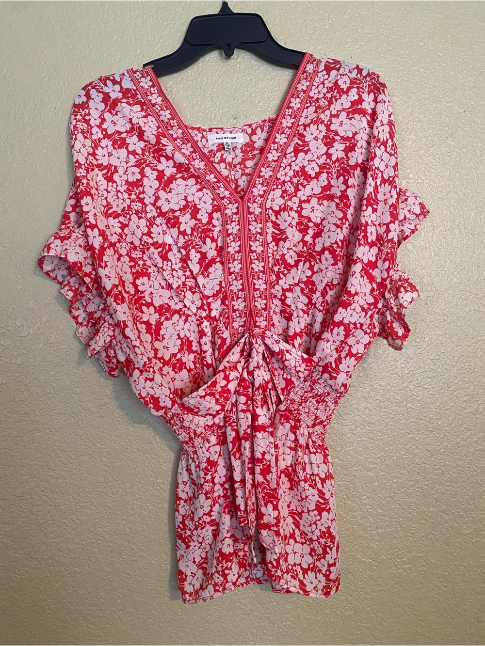 Max Studio Red & White Floral Tie-Front V-Neck Tunic